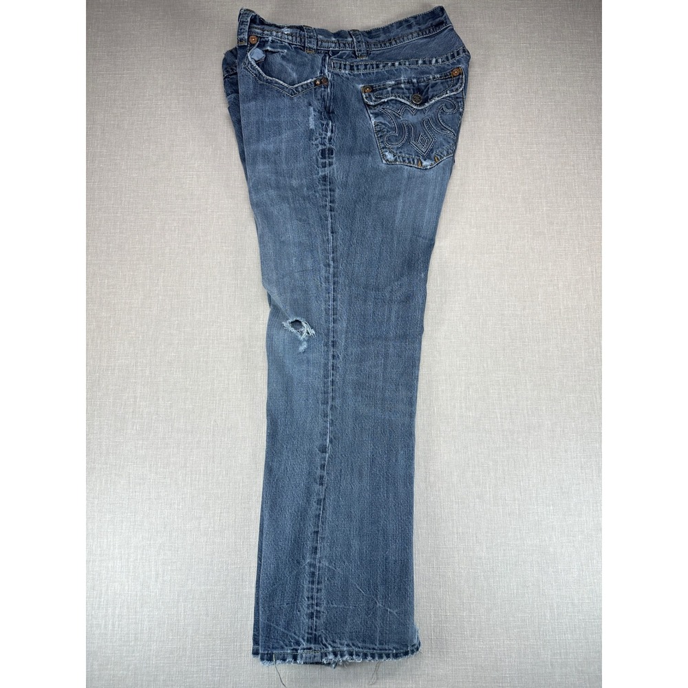 MEK Denim Mazatlan Jeans Mens 40 Blue Bootcut Distressed Embroidered Button Fly - Picture 5 of 16
